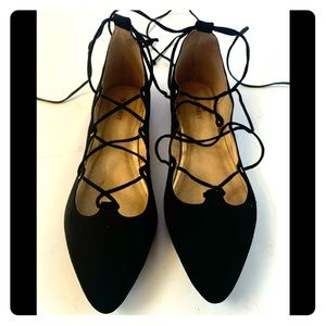 Strappy Lace-up Black Flats